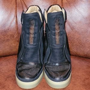 L.A.M.B. FREEDA LEATHER AND MESH WEDGE SNEAKERS